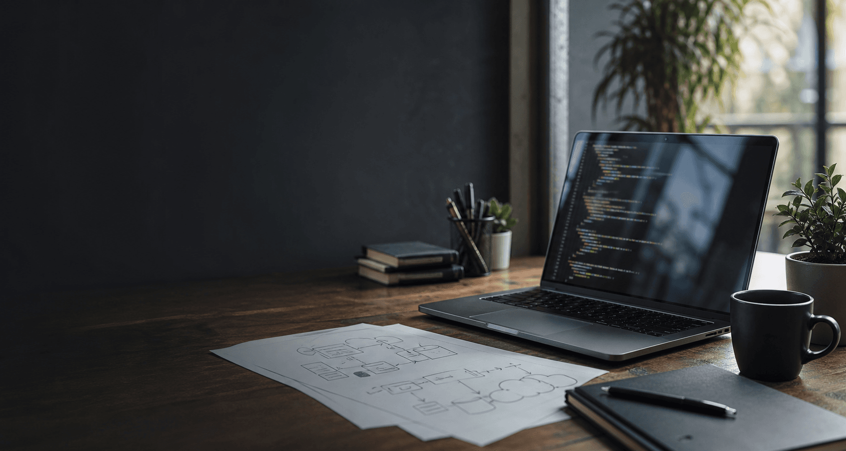 Developer workspace with a laptop and architecture sketches